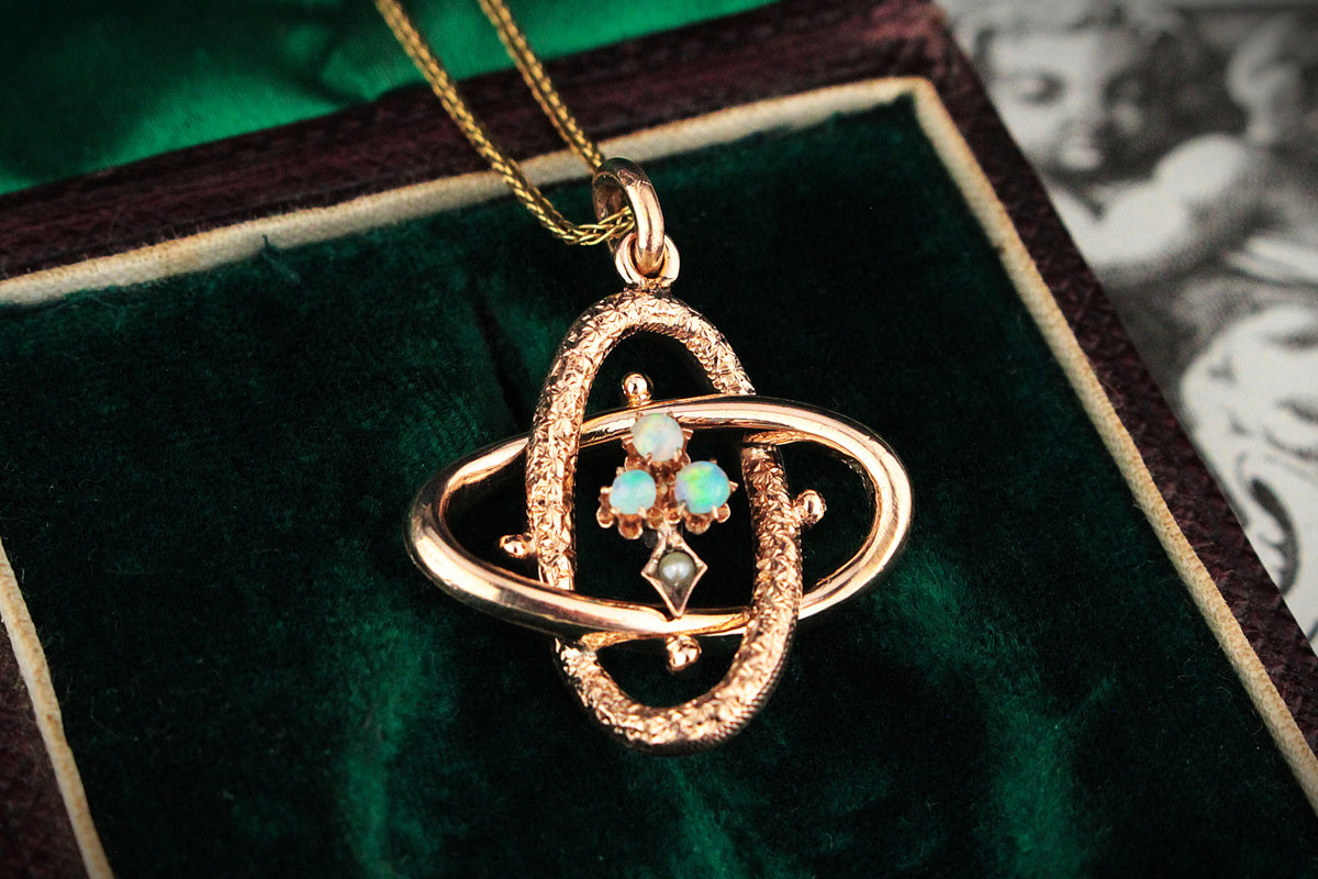 ANTIQUE EDWARDIAN CELESTIAL OPAL &amp; SEED PEARL PENDANT 9ct GOLD