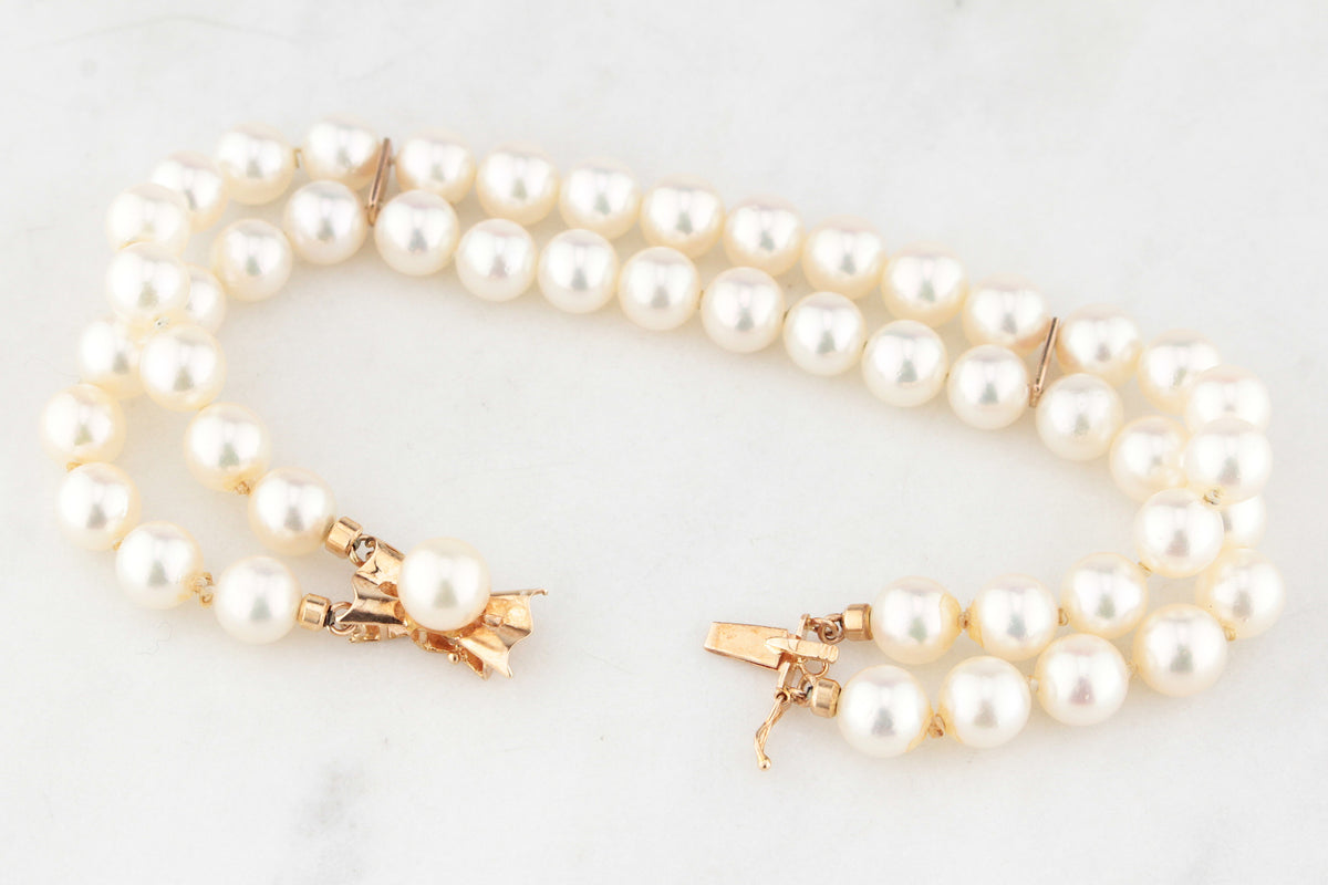VINTAGE DOUBLE STRAND AKOYA PEARL BRACELET 14ct GOLD