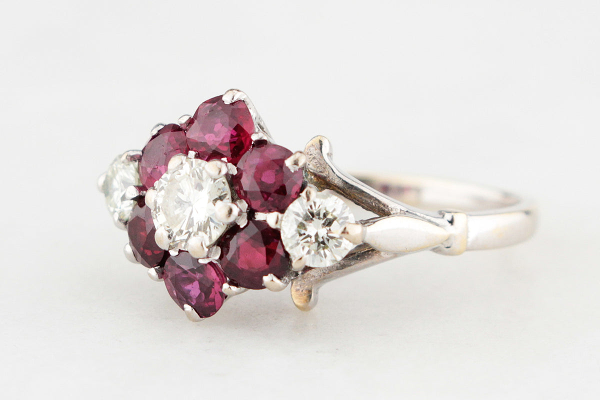 RETRO RUBY &amp; DIAMOND CLUSTER RING IN 18ct GOLD