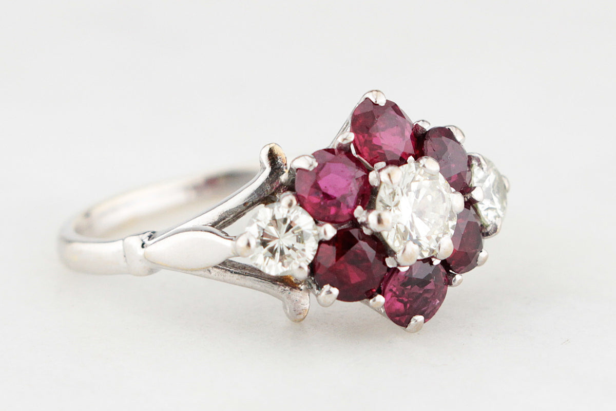 RETRO RUBY &amp; DIAMOND CLUSTER RING IN 18ct GOLD