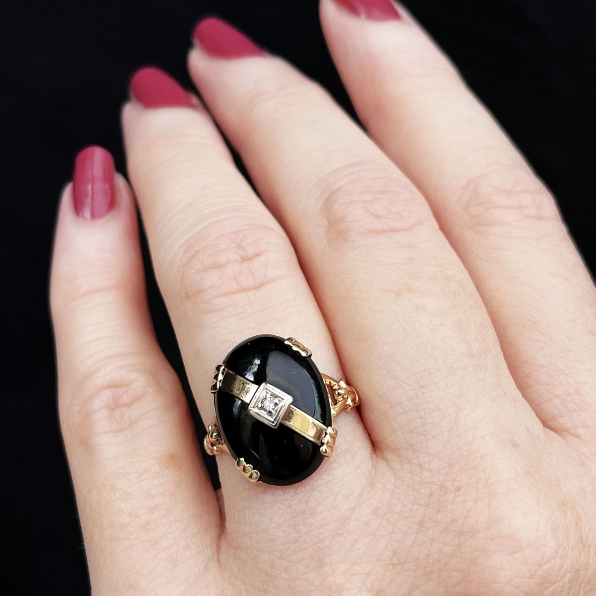 ART DECO c1930/40 ONYX &amp; DIAMOND RING 10ct GOLD