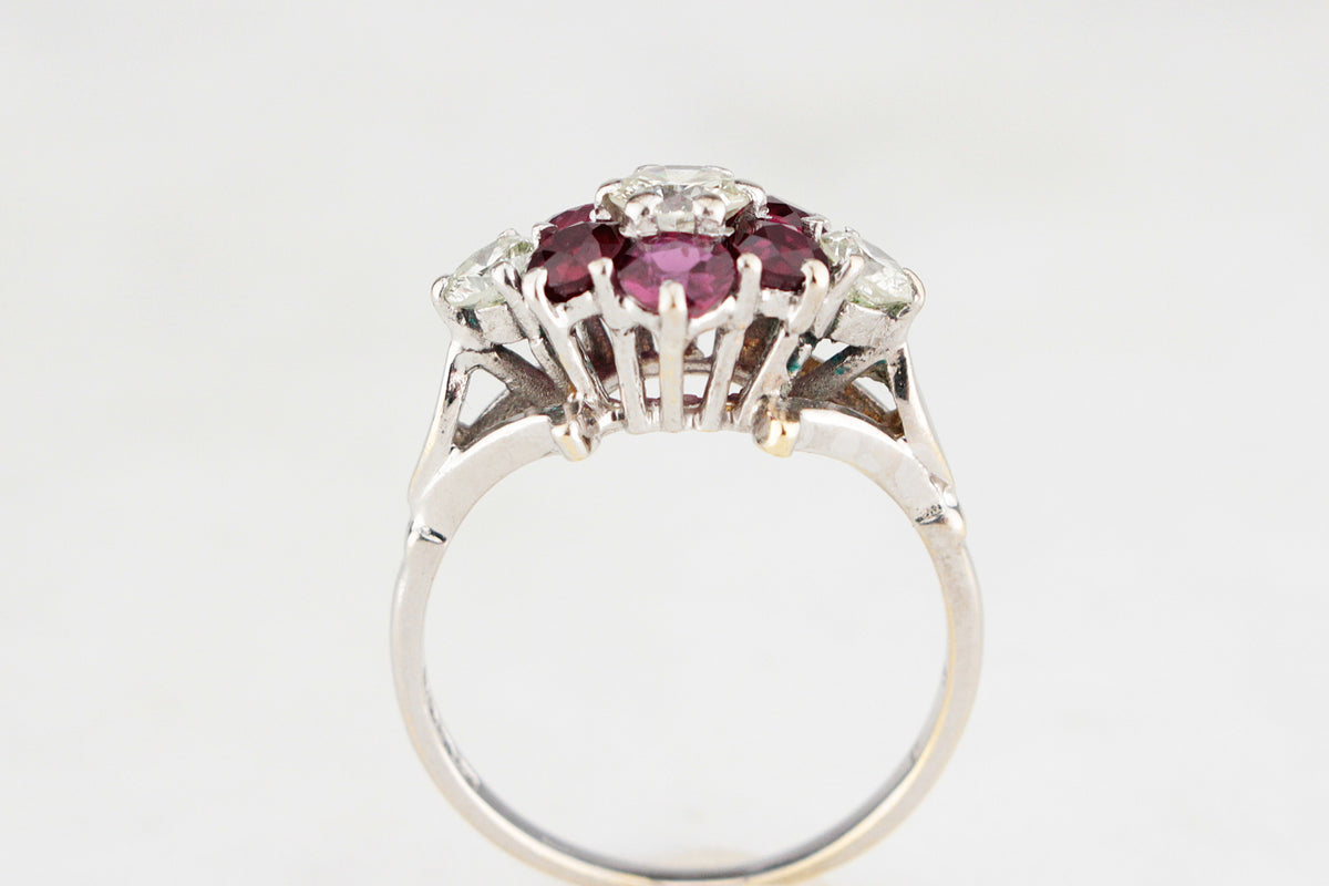 RETRO RUBY &amp; DIAMOND CLUSTER RING IN 18ct GOLD