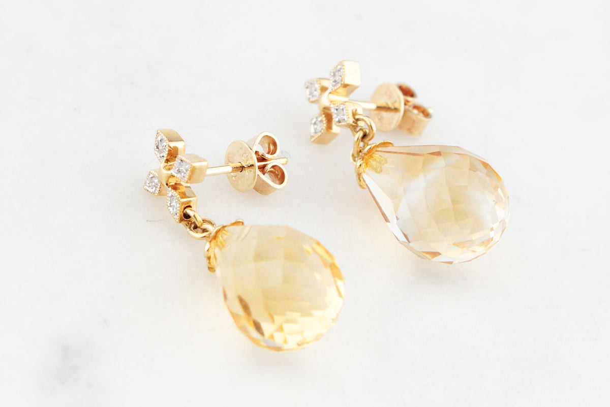 VINTAGE CITRINE &amp; DIAMOND DROP EARRINGS IN 18ct GOLD