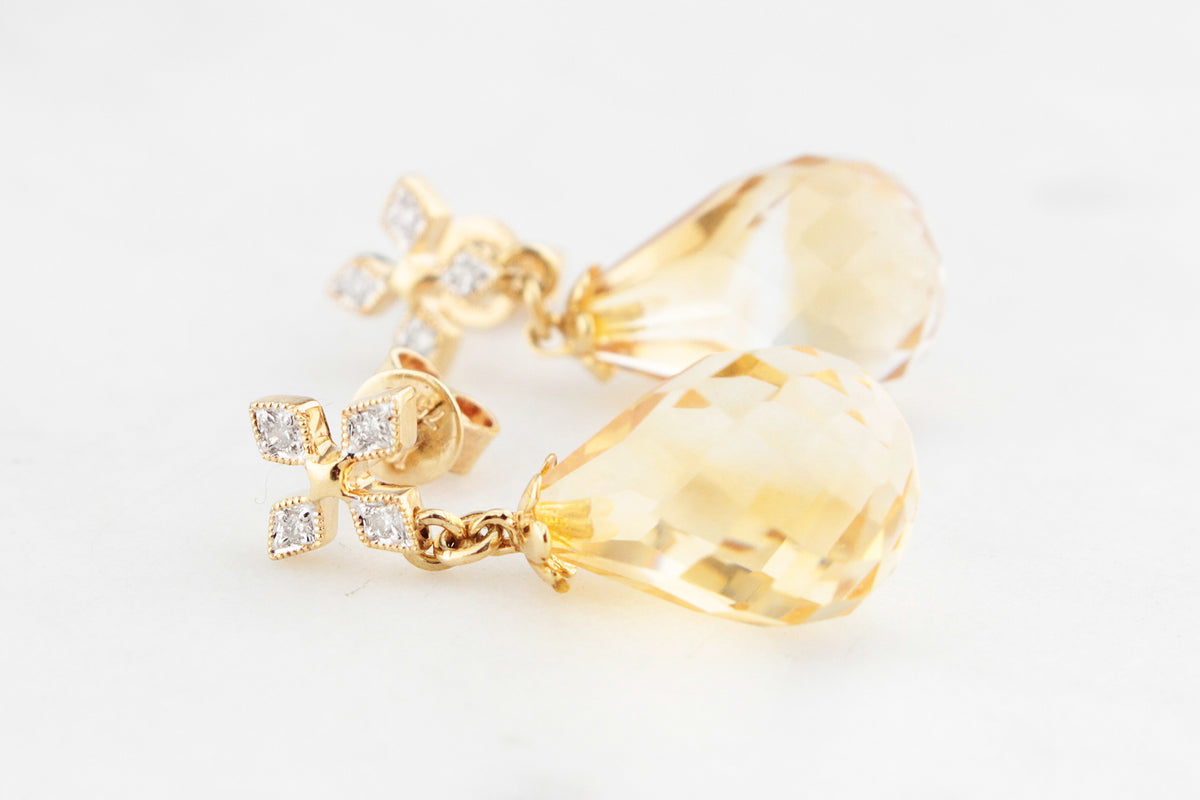 VINTAGE CITRINE &amp; DIAMOND DROP EARRINGS IN 18ct GOLD