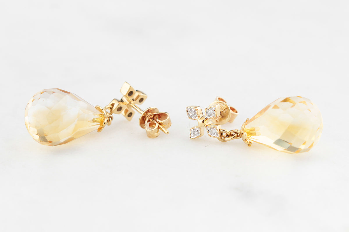 VINTAGE CITRINE &amp; DIAMOND DROP EARRINGS IN 18ct GOLD
