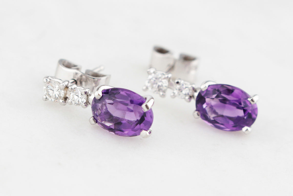 VINTAGE AMETHYST &amp; DIAMOND EARRINGS IN 18ct WHITE GOLD