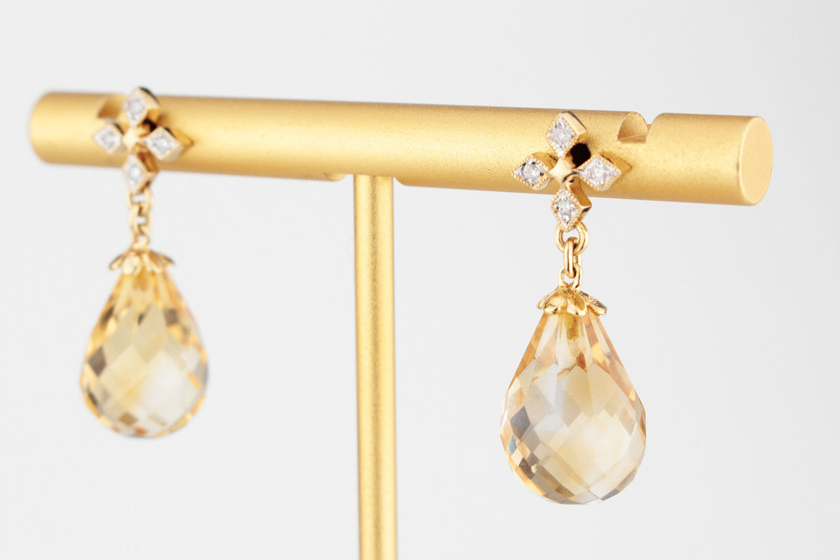 VINTAGE CITRINE &amp; DIAMOND DROP EARRINGS IN 18ct GOLD