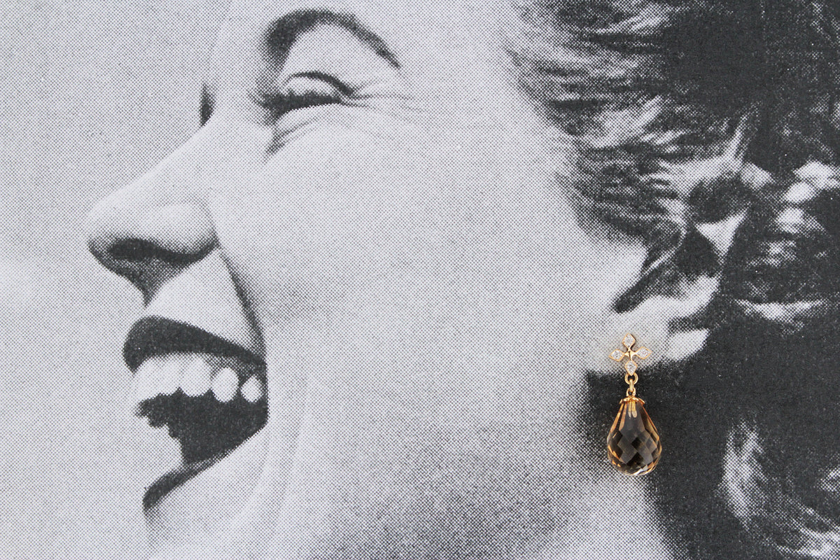 VINTAGE CITRINE &amp; DIAMOND DROP EARRINGS IN 18ct GOLD