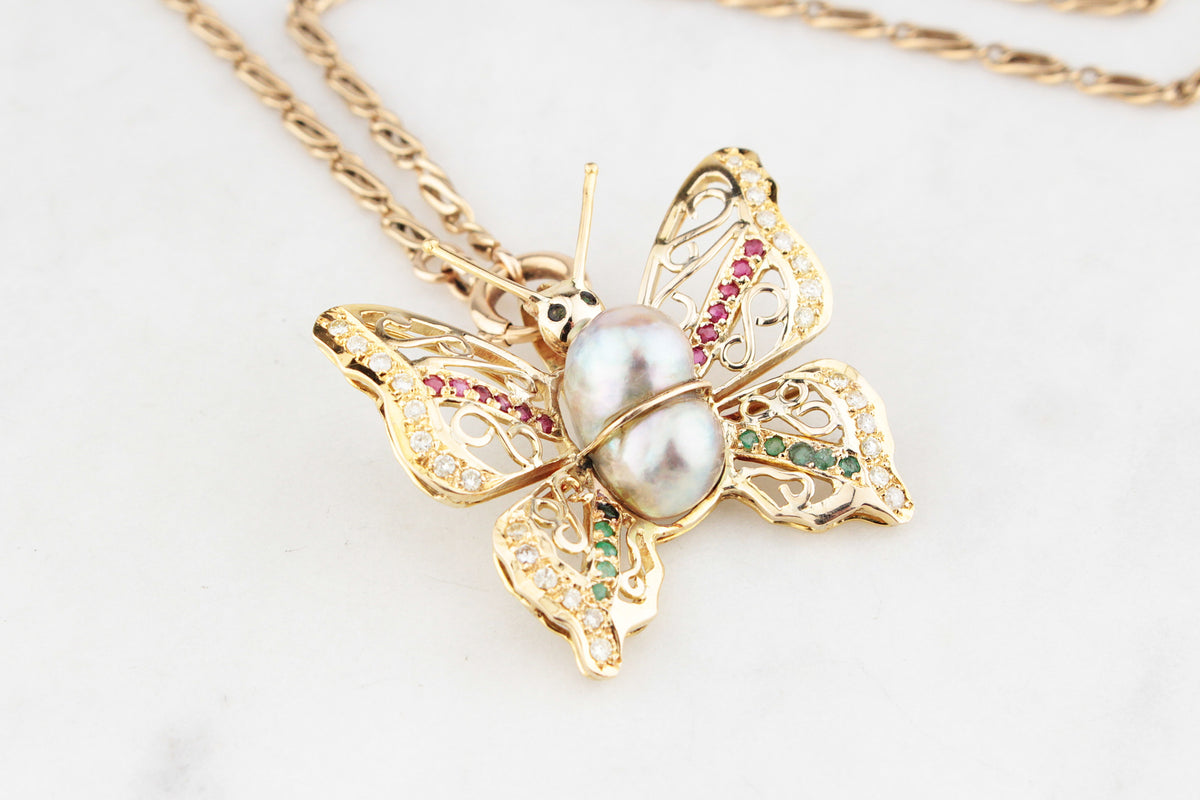 VINTAGE BUTTERFLY PENDANT WITH EMERALDS, RUBIES, DIAMONDS &amp; PEARL 14ct GOLD