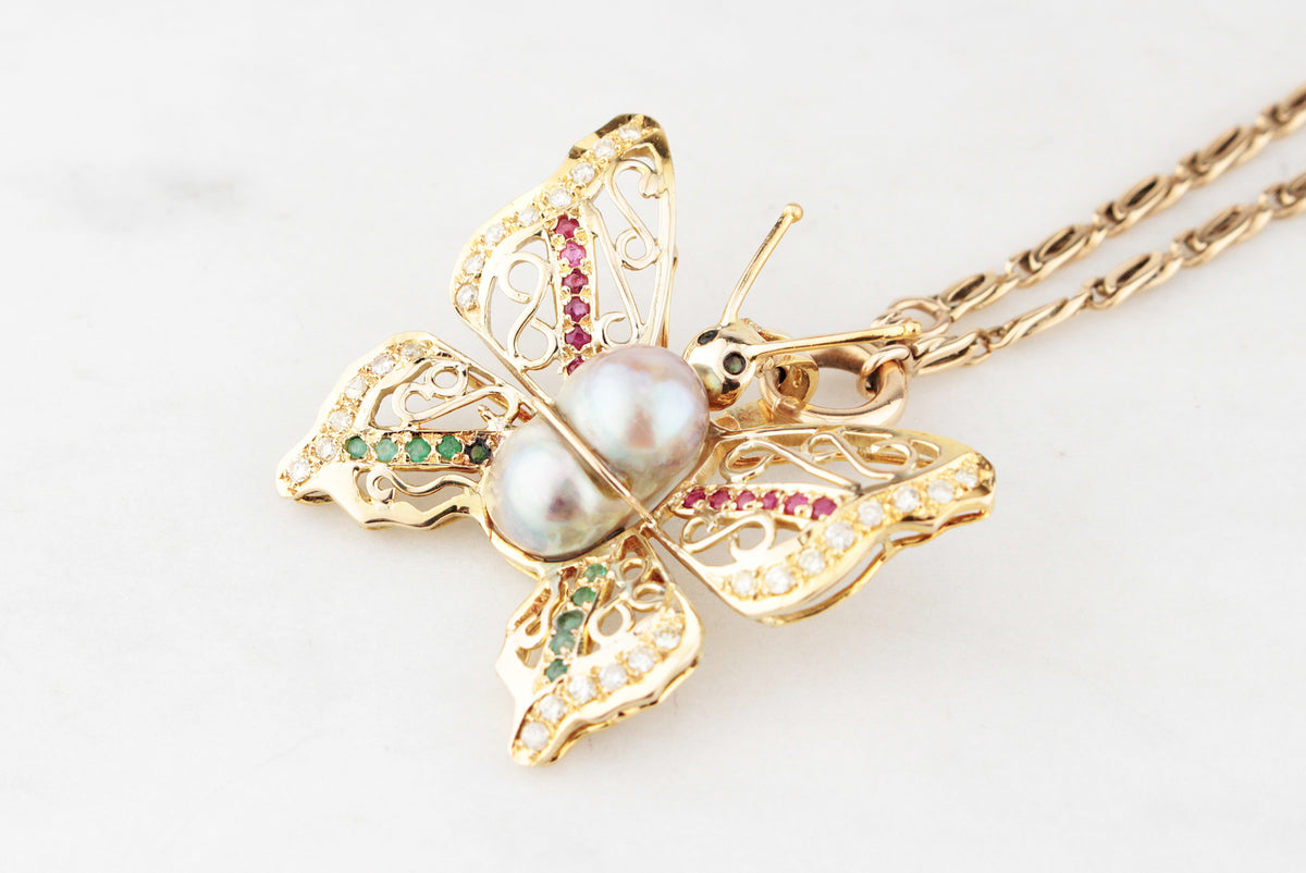 VINTAGE BUTTERFLY PENDANT WITH EMERALDS, RUBIES, DIAMONDS &amp; PEARL 14ct GOLD