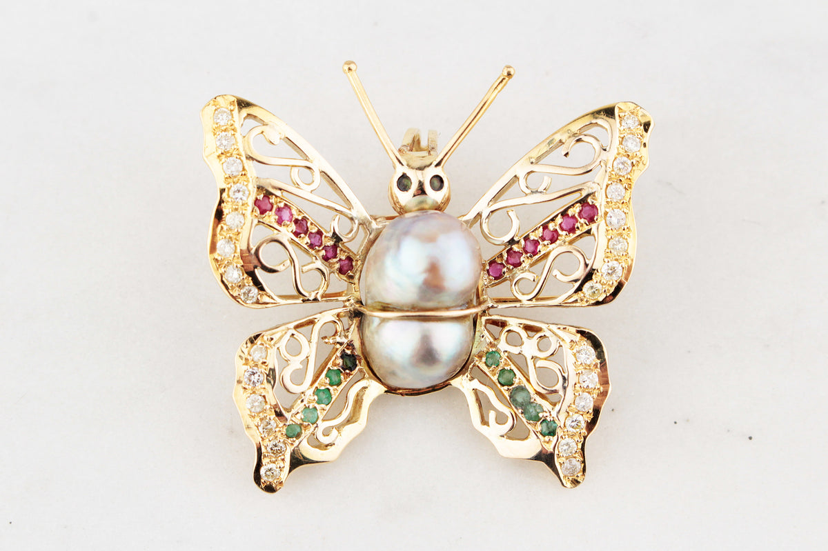 VINTAGE BUTTERFLY PENDANT WITH EMERALDS, RUBIES, DIAMONDS &amp; PEARL 14ct GOLD