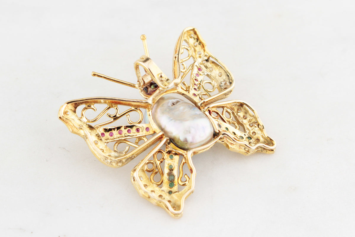 VINTAGE BUTTERFLY PENDANT WITH EMERALDS, RUBIES, DIAMONDS &amp; PEARL 14ct GOLD