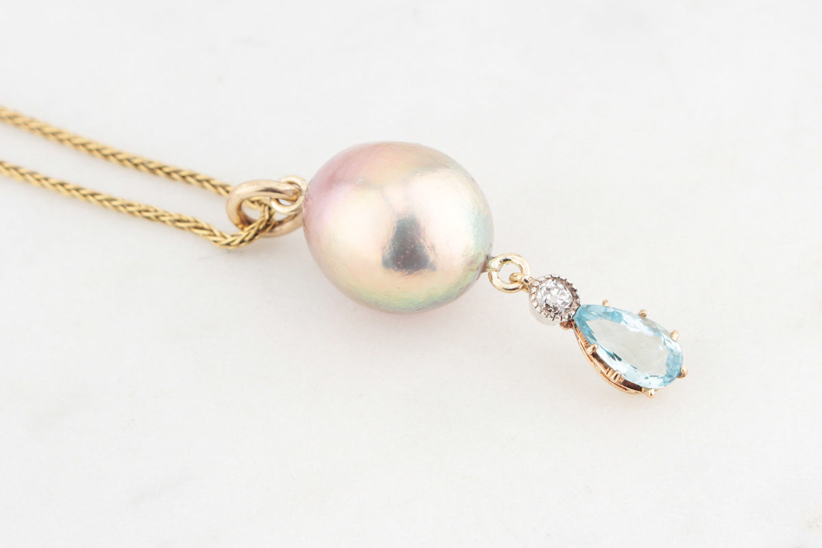 BESPOKE PEARL, AQUAMARINE &amp; DIAMOND PENDANT 18ct GOLD