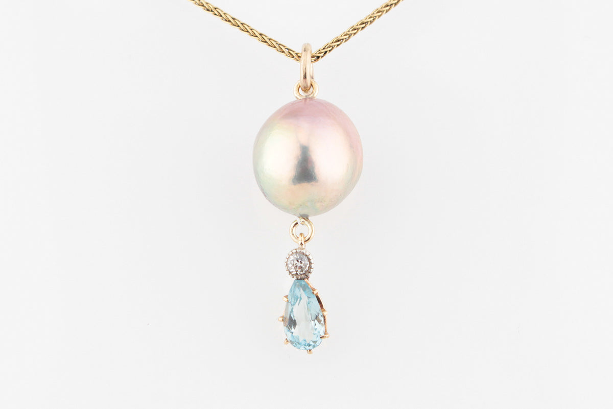 BESPOKE PEARL, AQUAMARINE &amp; DIAMOND PENDANT 18ct GOLD