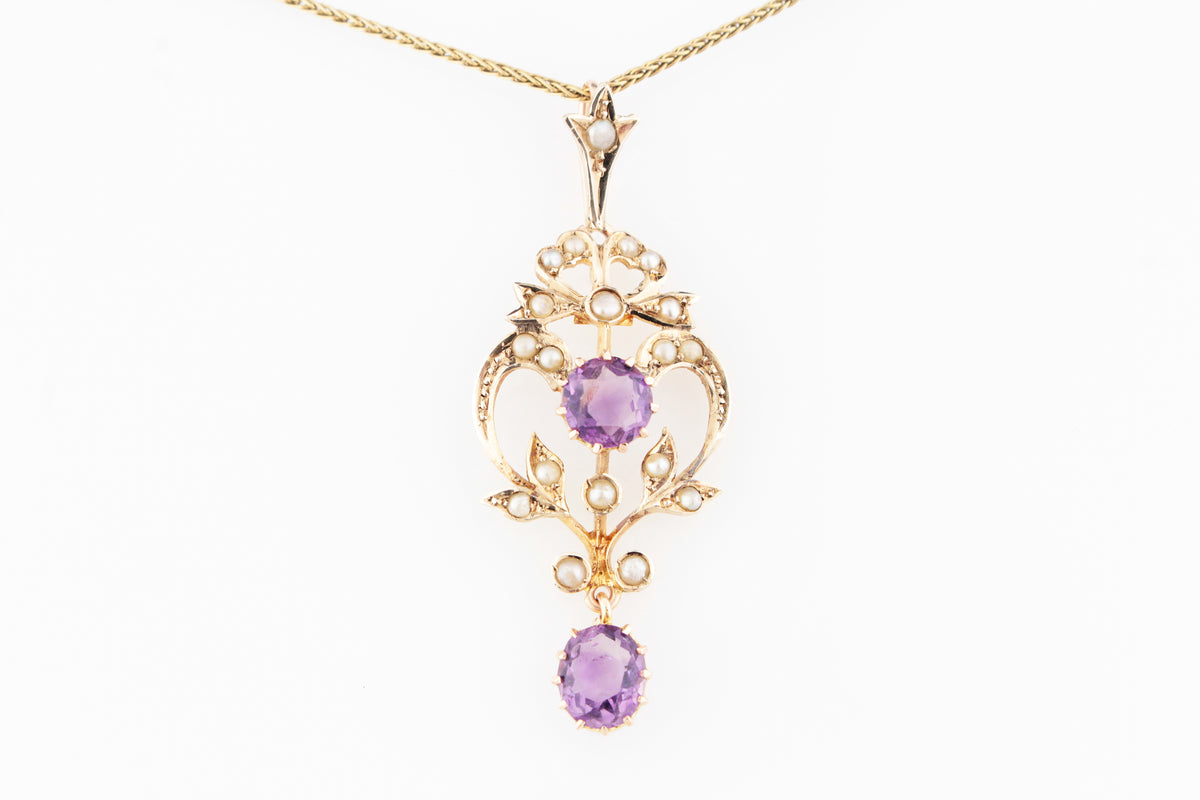 ANTIQUE AUSTRALIAN AMETHYST &amp; SEED PEARL PENDANT 9ct GOLD