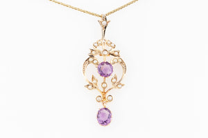 ANTIQUE AUSTRALIAN AMETHYST & SEED PEARL PENDANT 9ct GOLD