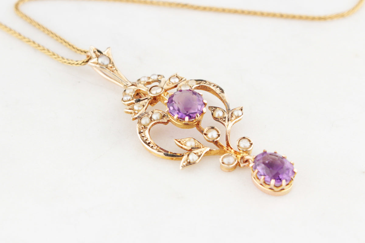 ANTIQUE AUSTRALIAN AMETHYST &amp; SEED PEARL PENDANT 9ct GOLD