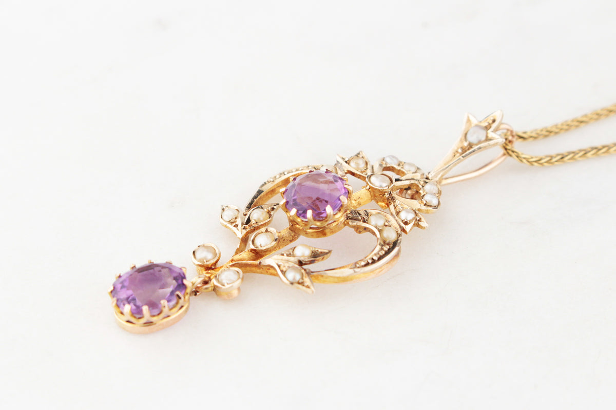 ANTIQUE AUSTRALIAN AMETHYST &amp; SEED PEARL PENDANT 9ct GOLD