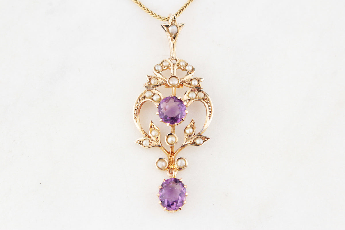 ANTIQUE AUSTRALIAN AMETHYST &amp; SEED PEARL PENDANT 9ct GOLD