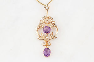 ANTIQUE AUSTRALIAN AMETHYST & SEED PEARL PENDANT 9ct GOLD