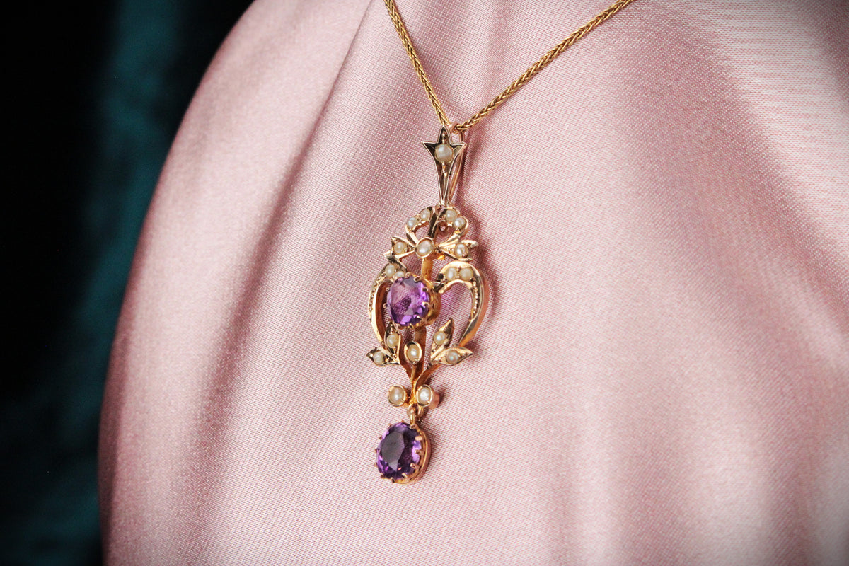 ANTIQUE AUSTRALIAN AMETHYST &amp; SEED PEARL PENDANT 9ct GOLD