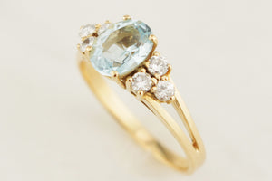 VINTAGE MID CENTURY c1950 AQUAMARINE & DIAMOND RING 18ct GOLD