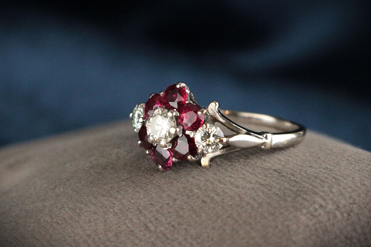 RETRO RUBY &amp; DIAMOND CLUSTER RING IN 18ct GOLD