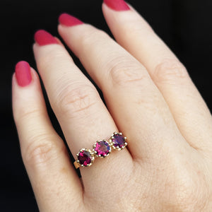 RHODOLITE GARNET TRILOGY RING 9ct GOLD