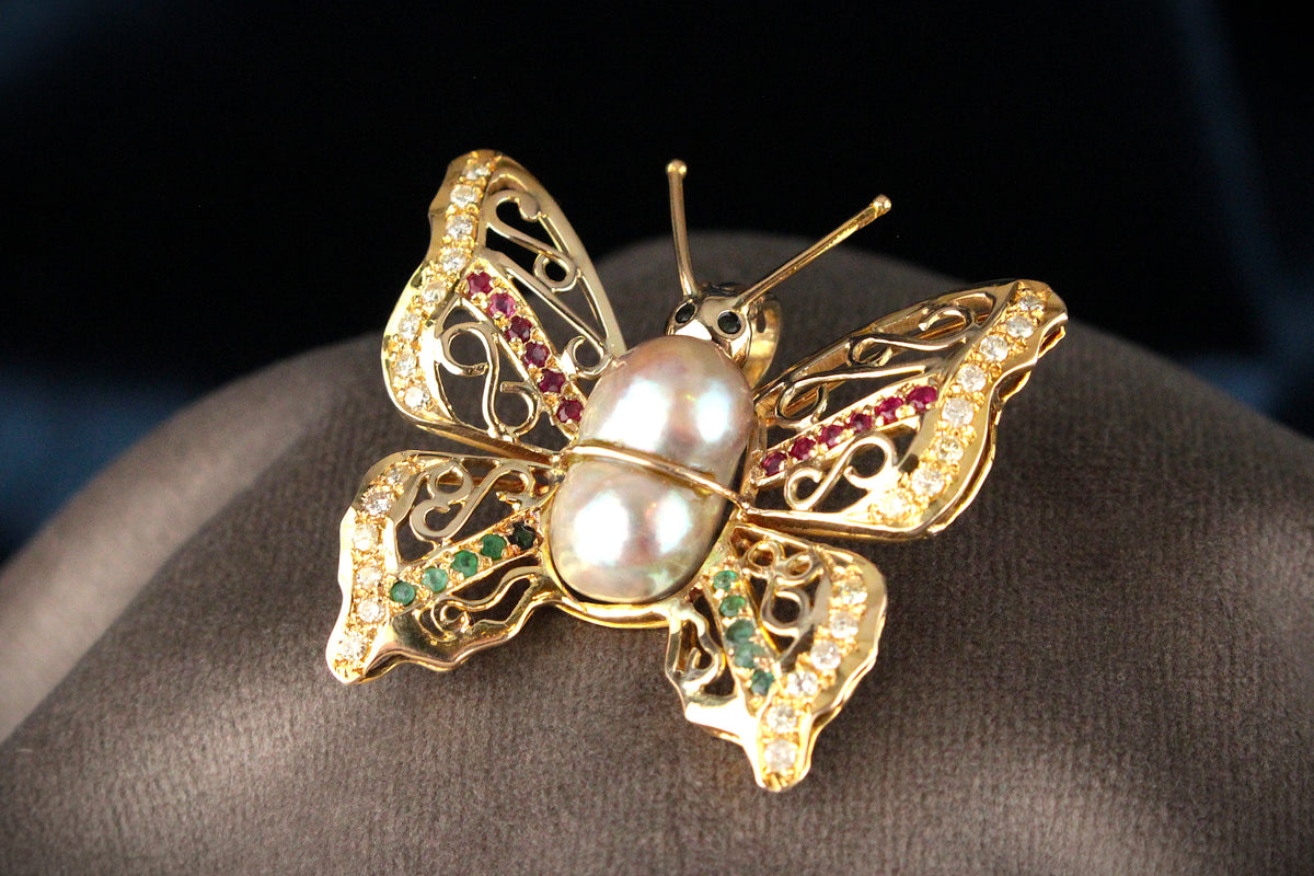 VINTAGE BUTTERFLY PENDANT WITH EMERALDS, RUBIES, DIAMONDS &amp; PEARL 14ct GOLD