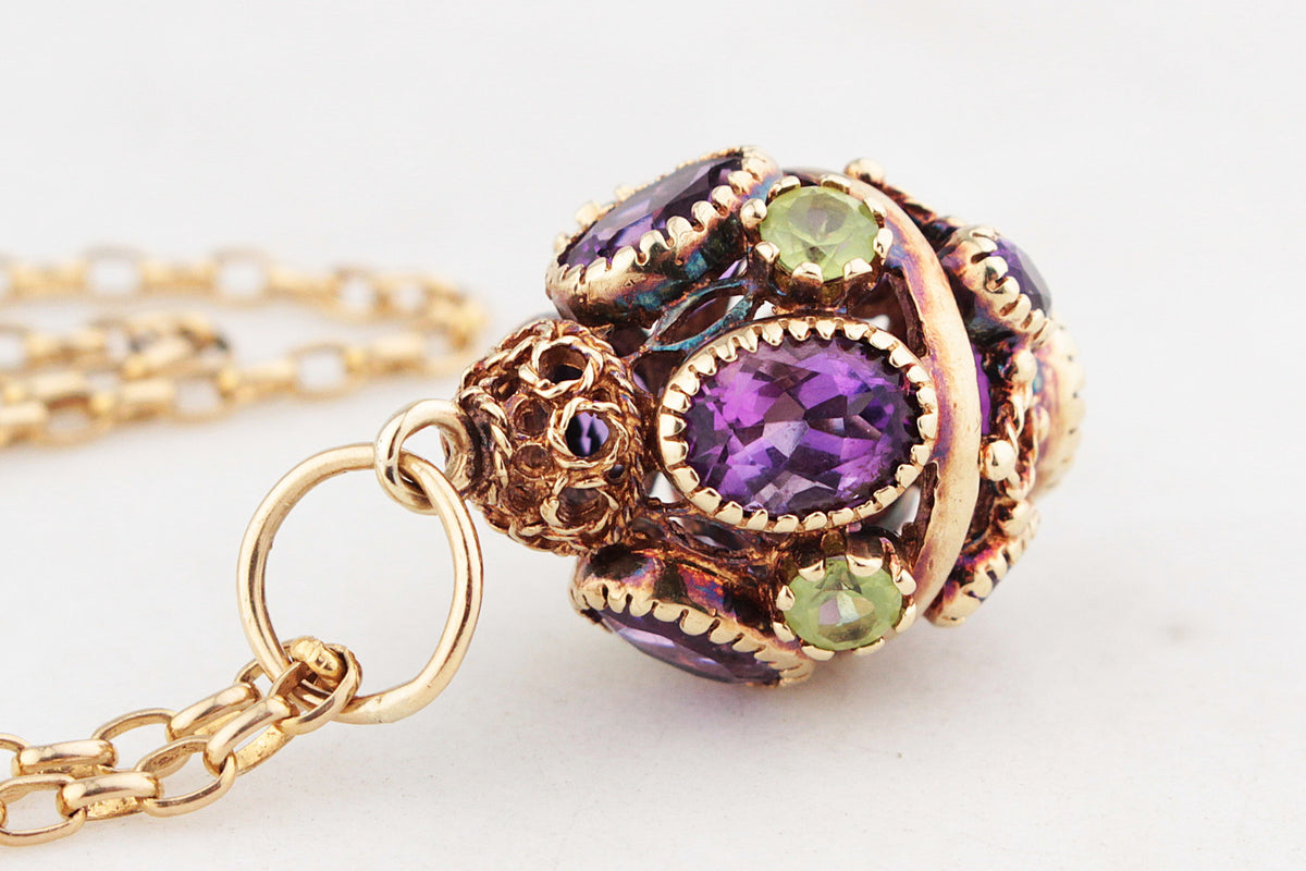 ANTIQUE VICTORIAN ARCHAEOLOGICAL REVIVAL AMETHYST & PERIDOT PENDANT 9ct GOLD