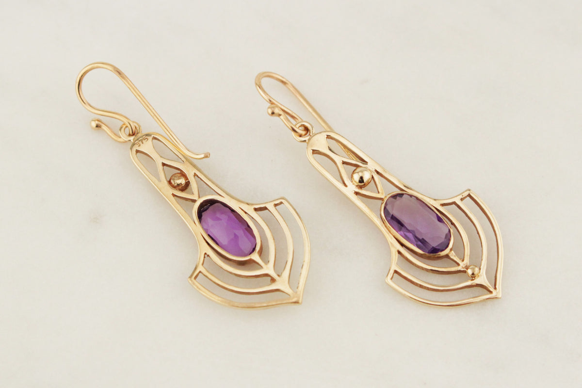 VINTAGE ESTATE ART NOUVEAU STYLE AMETHYST EARRINGS 9ct GOLD