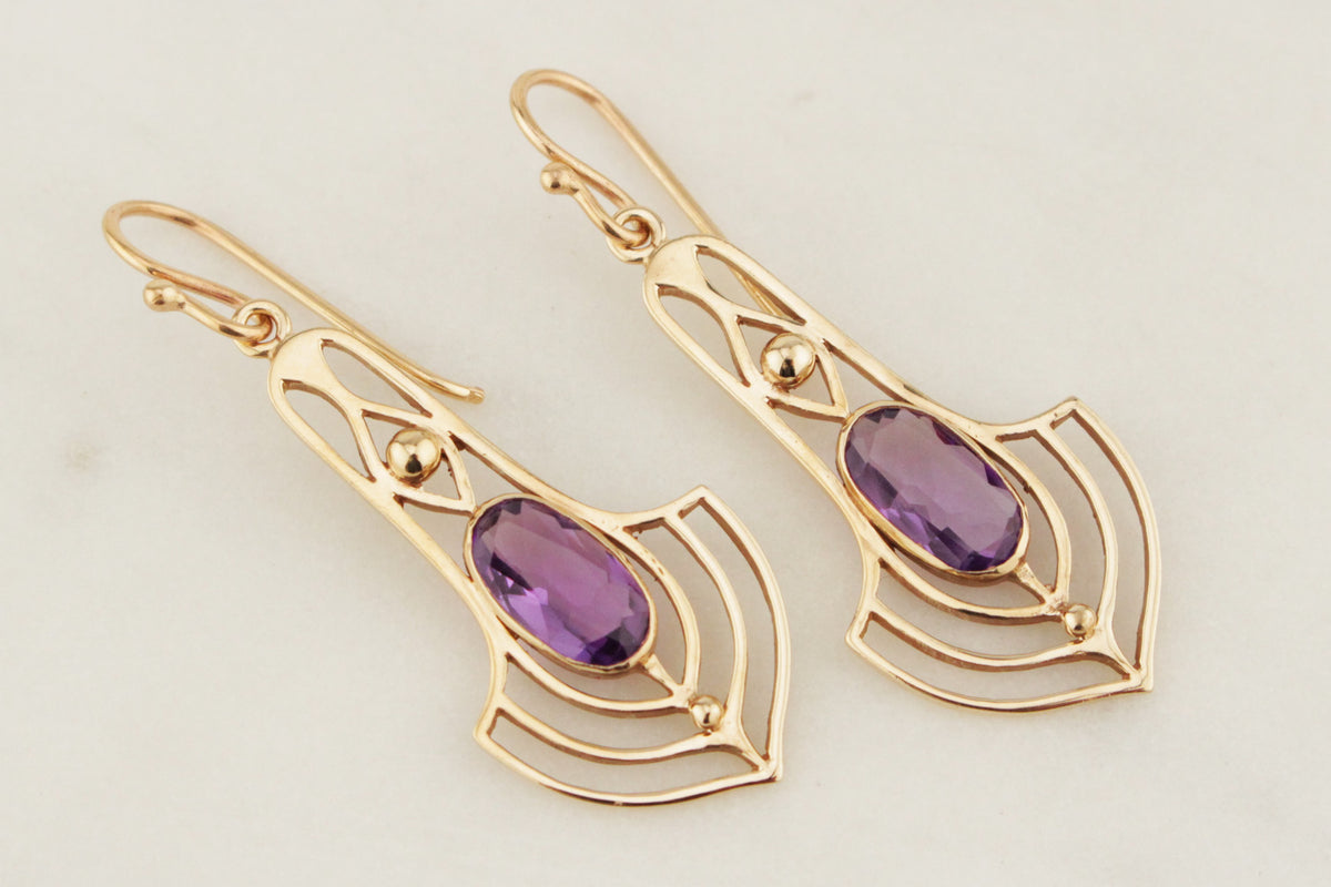 VINTAGE ESTATE ART NOUVEAU STYLE AMETHYST EARRINGS 9ct GOLD