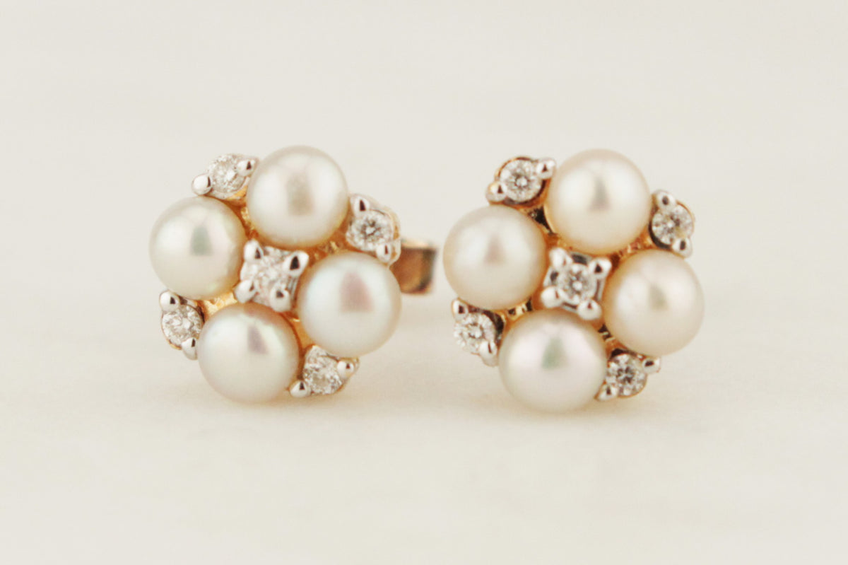 RETRO ESTATE DIAMOND &amp; PEARL EARRINGS 10ct YELLOW GOLD