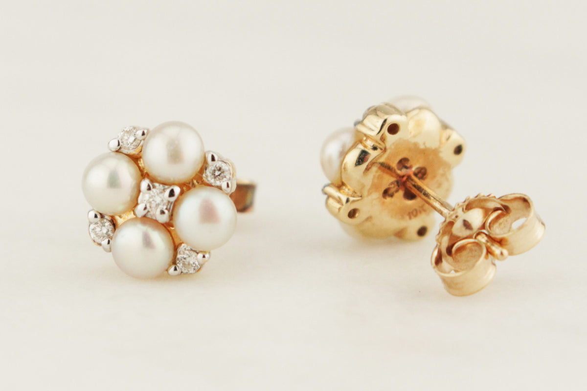 RETRO ESTATE DIAMOND &amp; PEARL EARRINGS 10ct YELLOW GOLD