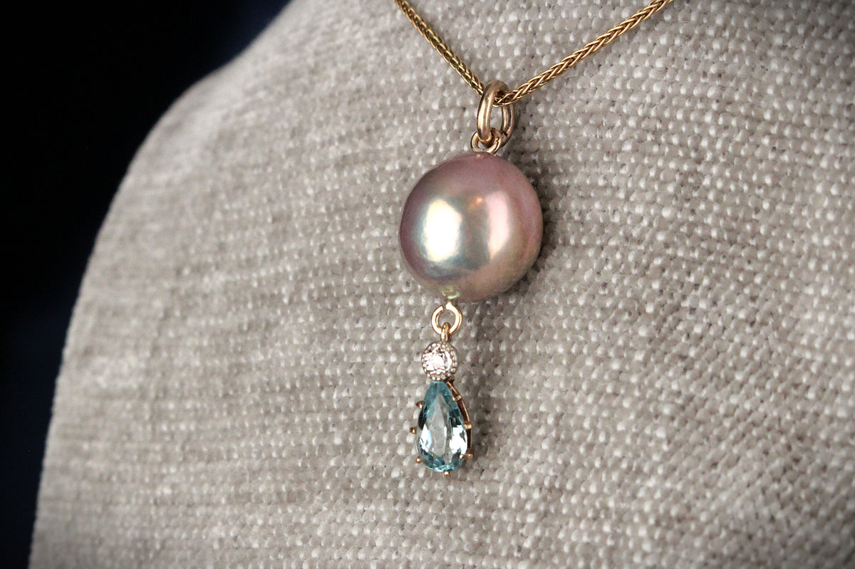 BESPOKE PEARL, AQUAMARINE &amp; DIAMOND PENDANT 18ct GOLD
