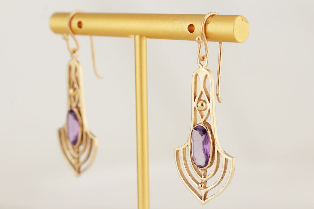 VINTAGE ESTATE ART NOUVEAU STYLE AMETHYST EARRINGS 9ct GOLD