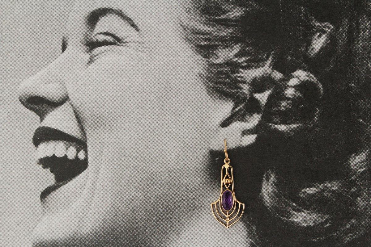 VINTAGE ESTATE ART NOUVEAU STYLE AMETHYST EARRINGS 9ct GOLD