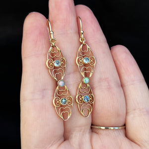 ANTIQUE EDWARDIAN AQUAMARINE & OPAL EARRINGS 15ct GOLD