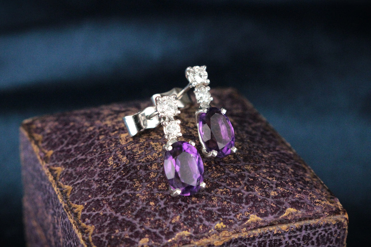 VINTAGE AMETHYST &amp; DIAMOND EARRINGS IN 18ct WHITE GOLD