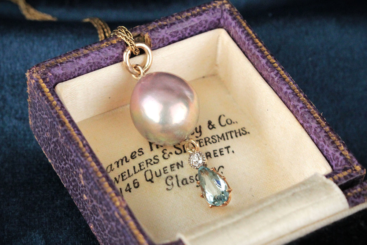 BESPOKE PEARL, AQUAMARINE &amp; DIAMOND PENDANT 18ct GOLD