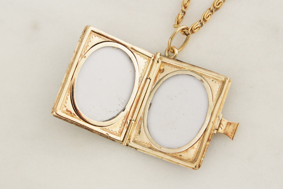 ANTIQUE VICTORIAN ENAMEL &amp; SEED PEARL MOURNING LOCKET 9ct YELLOW GOLD