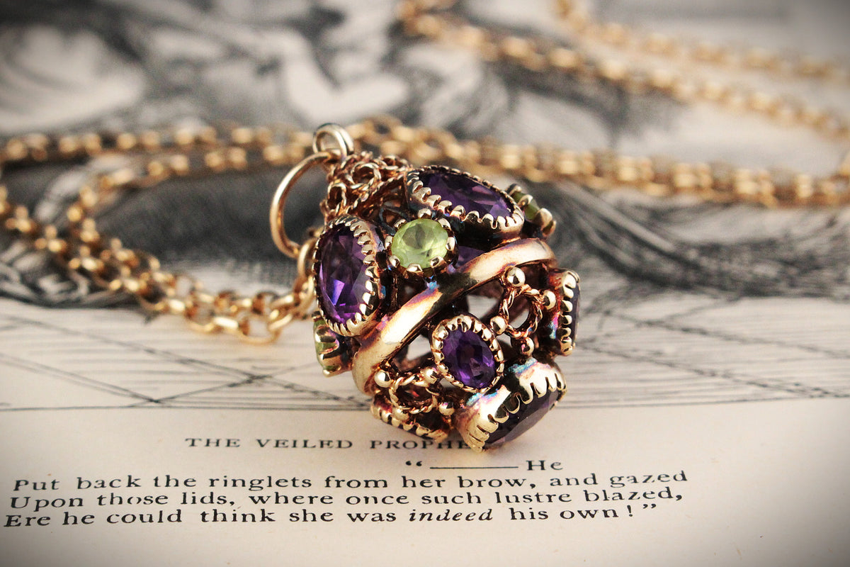 ANTIQUE VICTORIAN ARCHAEOLOGICAL REVIVAL AMETHYST & PERIDOT PENDANT 9ct GOLD