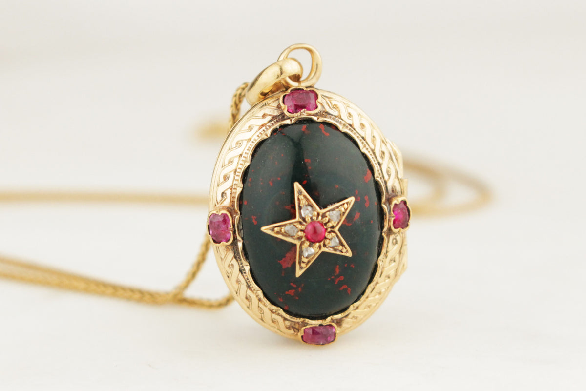 ANTIQUE VICTORIAN c1880 BLOODSTONE RUBY &amp; DIAMOND LOCKET 15ct GOLD