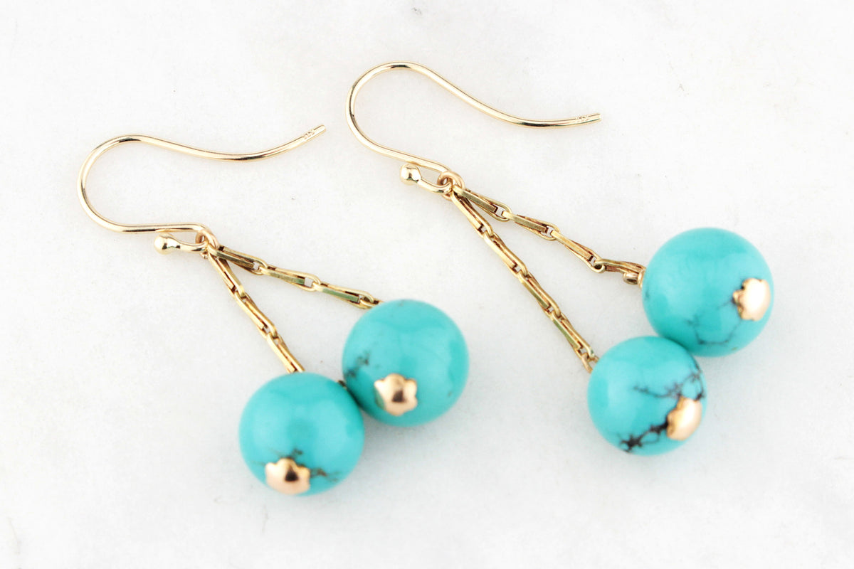 ANTIQUE TURQUOISE DROP EARRINGS 9ct GOLD