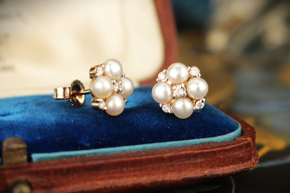 RETRO ESTATE DIAMOND &amp; PEARL EARRINGS 10ct YELLOW GOLD