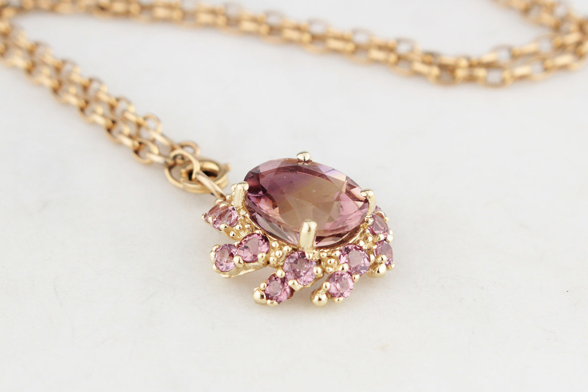 MODERN AMETRINE &amp; AMETHYST CLUSTER PENDANT 9ct GOLD