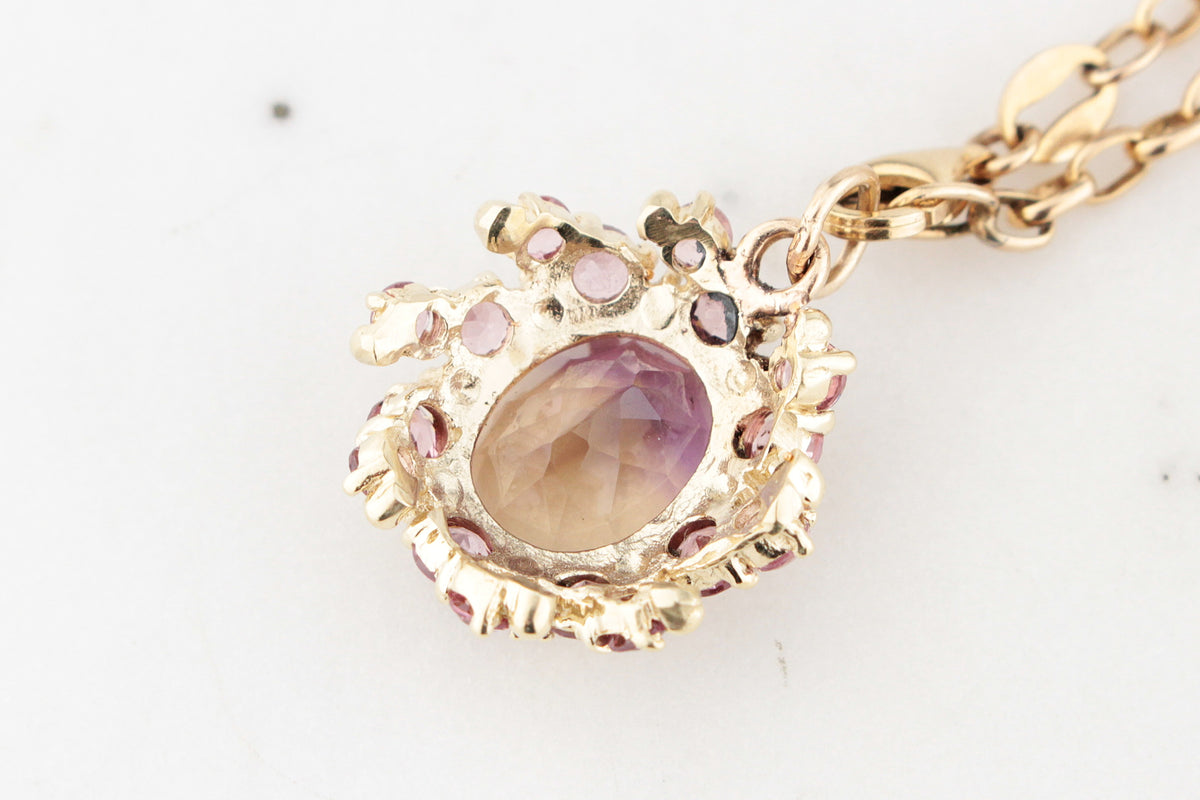 MODERN AMETRINE &amp; AMETHYST CLUSTER PENDANT 9ct GOLD