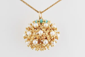 VINTAGE TURQUOISE & PEARL PENDANT 18ct GOLD