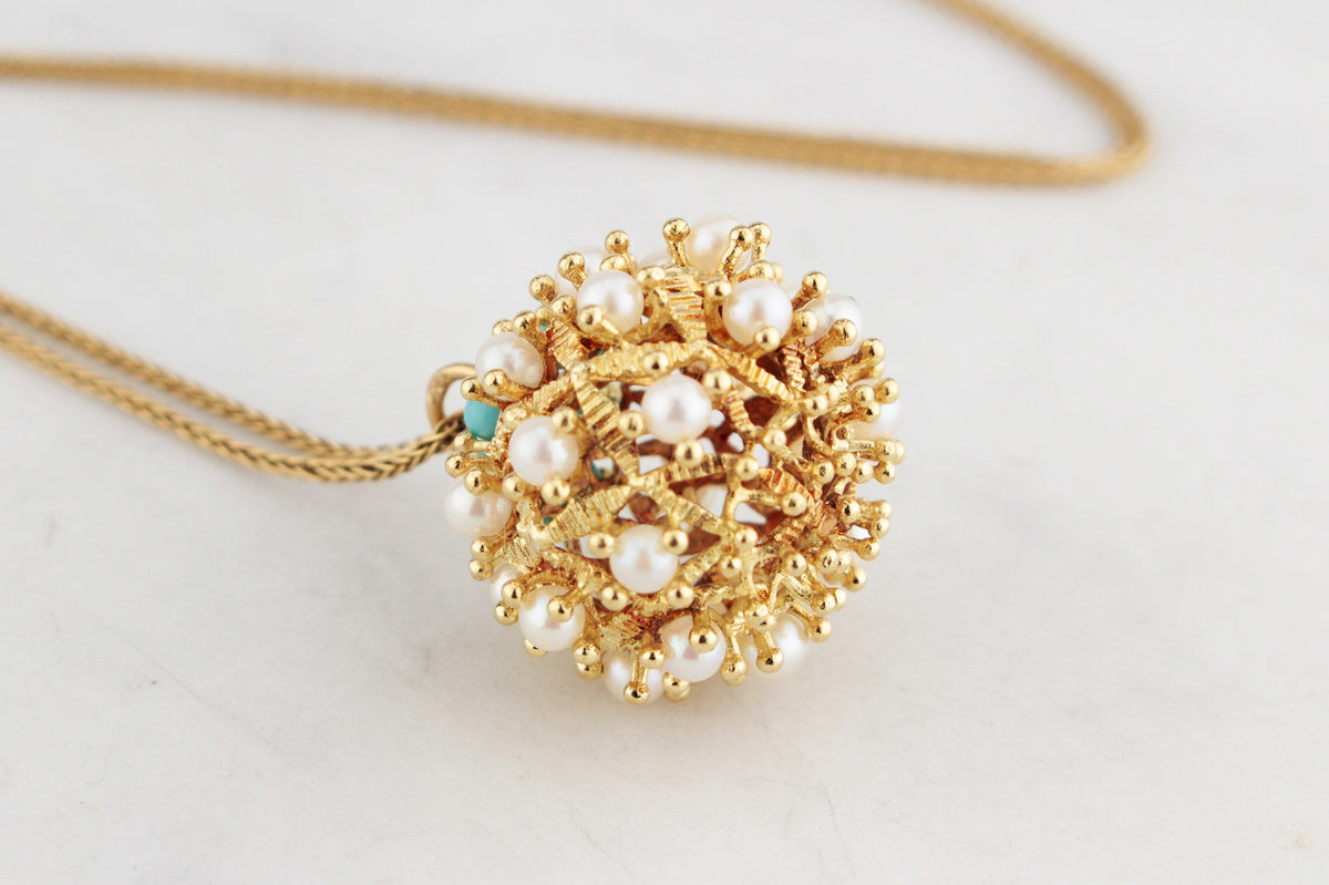 VINTAGE TURQUOISE &amp; PEARL PENDANT 18ct GOLD