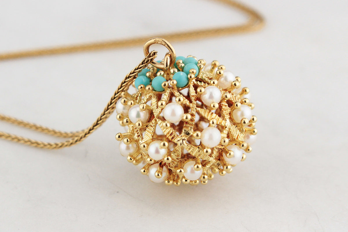 VINTAGE TURQUOISE &amp; PEARL PENDANT 18ct GOLD